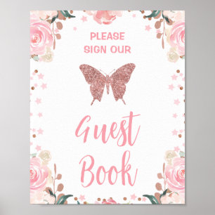 Pink Glitter Butterfly Guest Book Birthday Sign