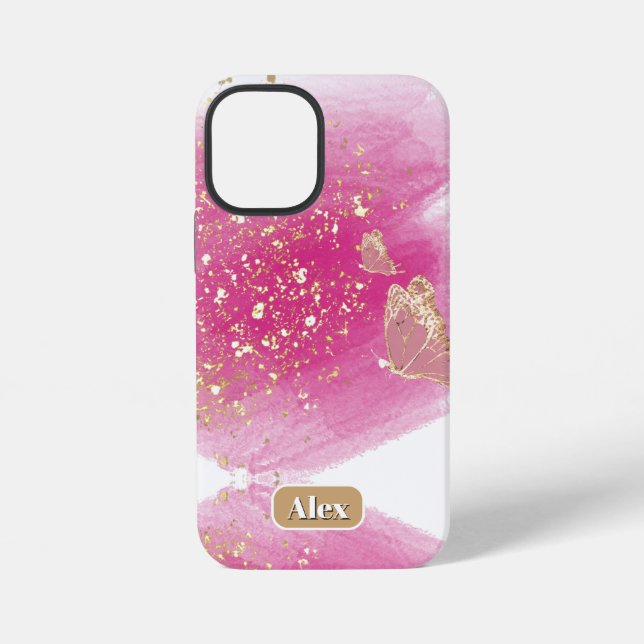 Pink glitter, butterfly  & personalise name  iPhone case (Back)