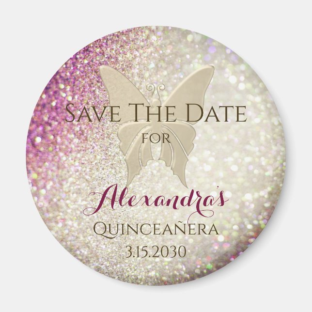 Pink Glitter Butterfly Quinceañera Magnet (Front)