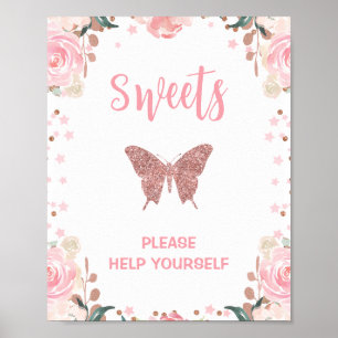 Pink Glitter Butterfly Sweets Birthday Party Sign