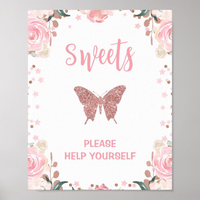 Pink Glitter Butterfly Sweets Birthday Party Sign (Front)