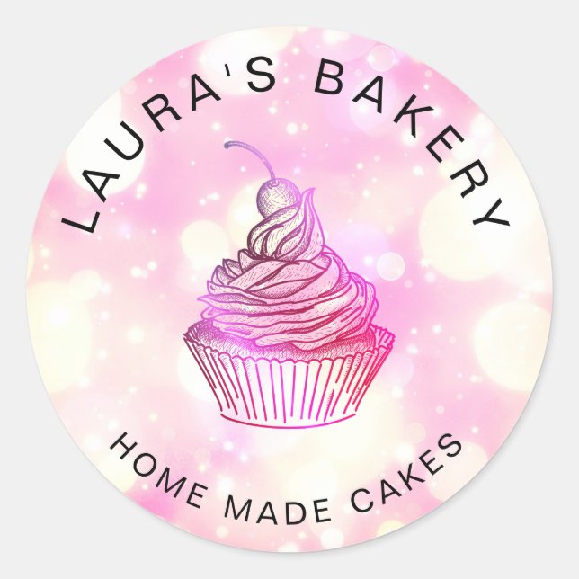 Pink Glitter Cakes & Sweets Cupcake Home Bakery Classic Round Sticker (Front)
