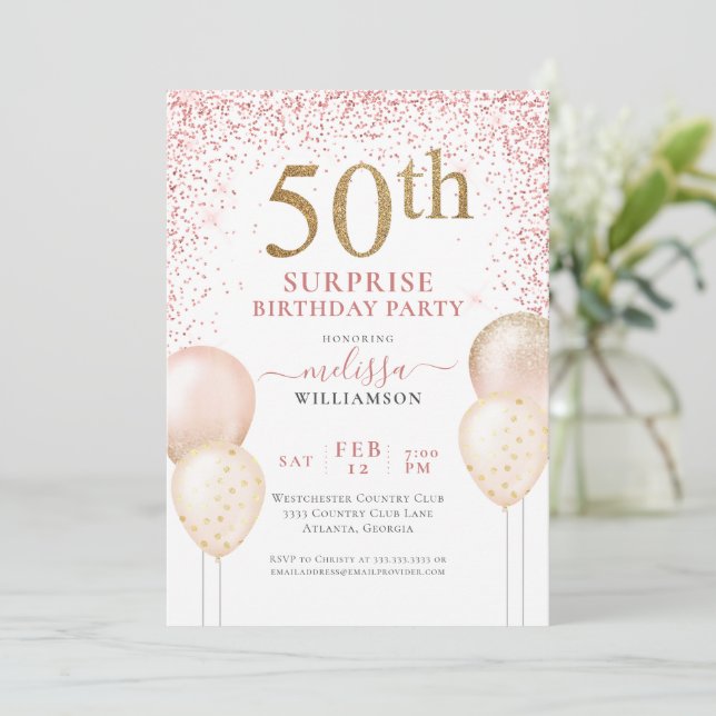 Pink Glitter Calligraphy Surprise 50th Birthday Invitation (Standing Front)