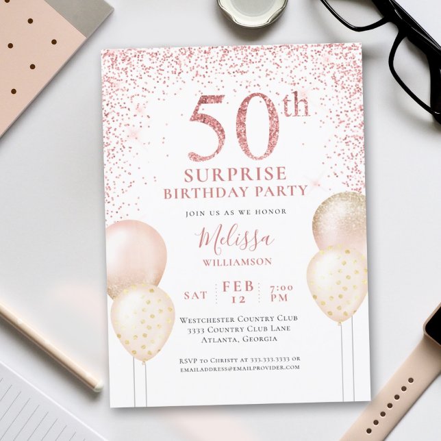 Pink Glitter Calligraphy Surprise 50th Birthday Invitation (Creator Uploaded)