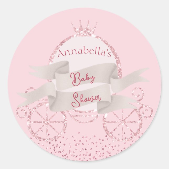 Pink Glitter Carriage Fairy Tale Baby Shower Classic Round Sticker (Front)