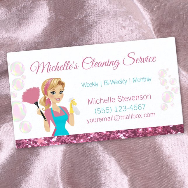 Pink Glitter Cartoon Maid House Cleaning Service Business Card (Creator Uploaded)