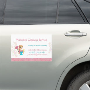 Pink Glitter Cartoon Maid House Cleaning Service Car Magnet