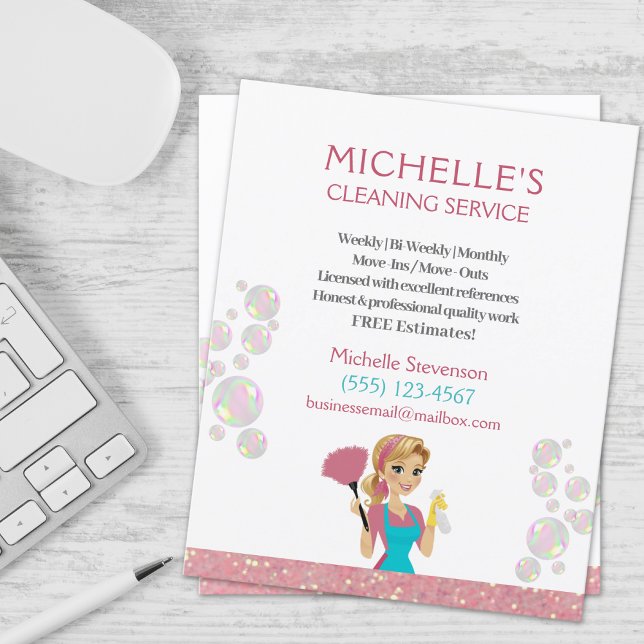 Pink Glitter Cartoon Maid House Cleaning Service Flyer (Creator Uploaded)