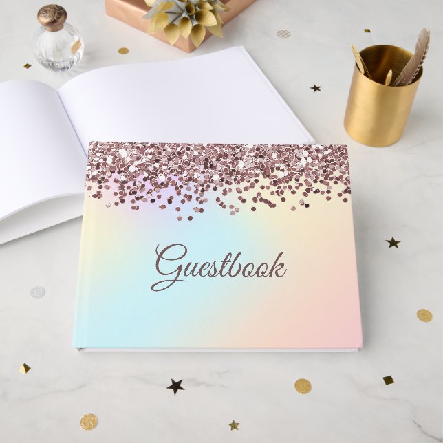 Pink Glitter Cascade and Pastel Colours Guest Book (Front Open)