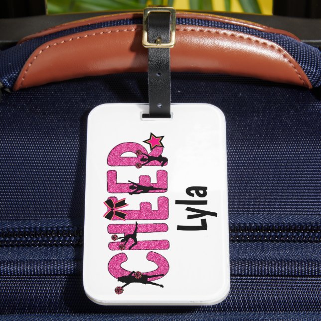 Pink Glitter Cheerleader Cheer Personalised Luggage Tag (Front Insitu 2)