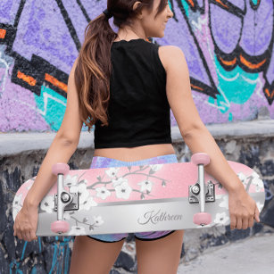 Pink Glitter Cherry Blossom Monogram Girly Skateboard