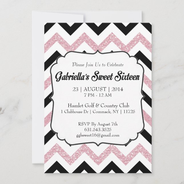 Pink Glitter Chevron Sweet 16 Invitation (Front)