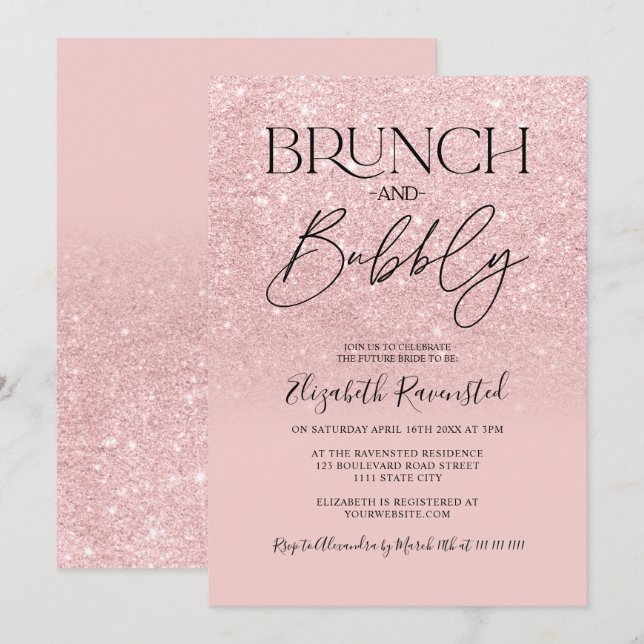Pink glitter chic brunch bubbly bridal shower invitation (Front/Back)