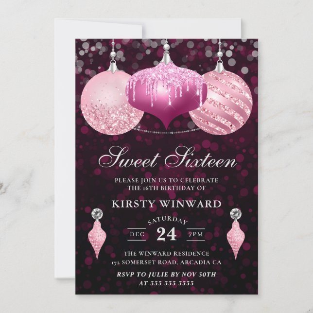Pink Glitter Christmas Baubles Sweet Sixteen Invitation (Front)