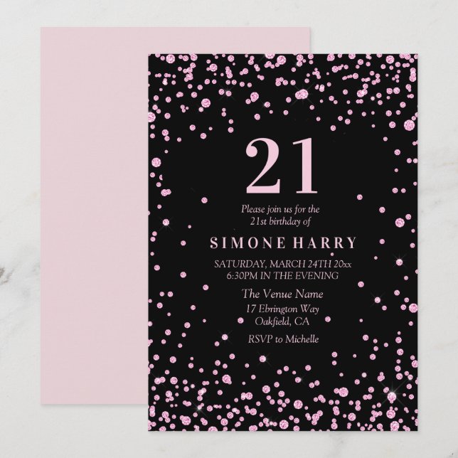 Pink Glitter Confetti 21st Birthday Party Invite (Front/Back)