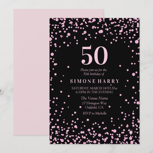 Pink Glitter Confetti 50th Birthday Party Invite (Front/Back)