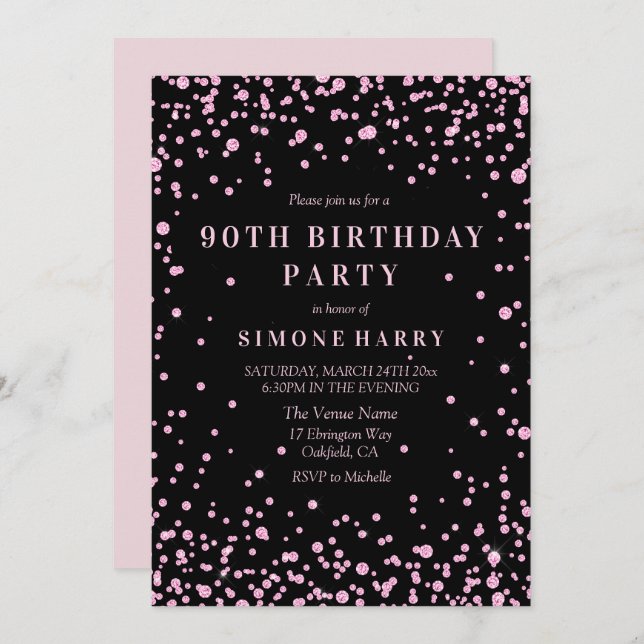 Pink Glitter Confetti 90th Birthday Party Invite (Front/Back)