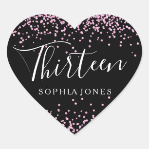 Pink Glitter Confetti Black 13th birthday party Heart Sticker