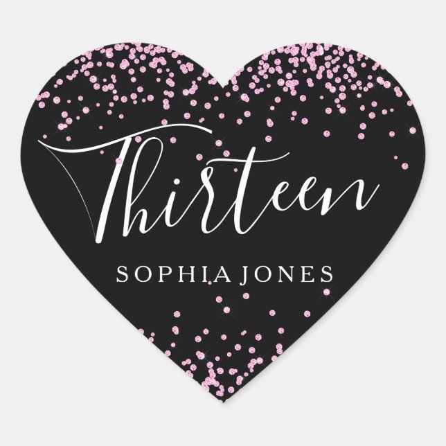 Pink Glitter Confetti Black 13th birthday party Heart Sticker (Front)