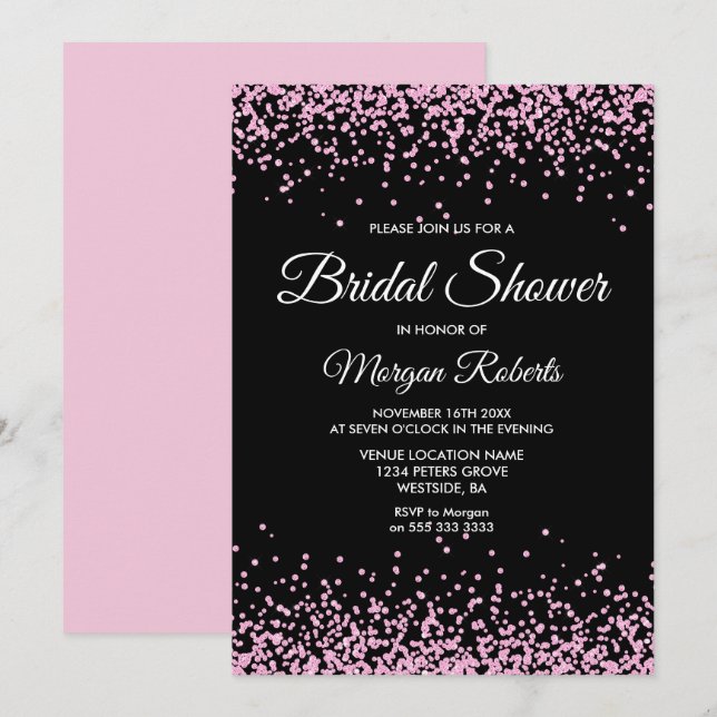 Pink Glitter Confetti Black Bridal Shower Invite (Front/Back)