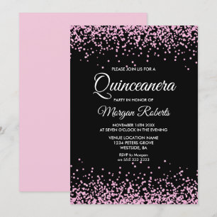 Pink Glitter Confetti Black Quinceanera Invite