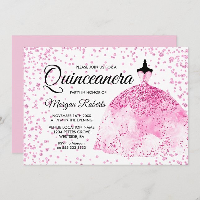 Pink Glitter Confetti Dress Quinceanera Invite (Front/Back)