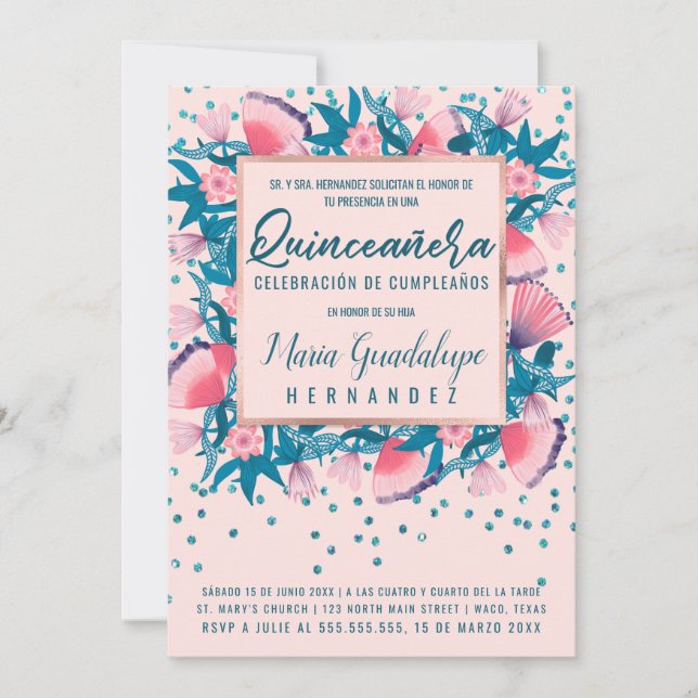 Pink Glitter Confetti Floral Español Quinceañera Invitation (Front)
