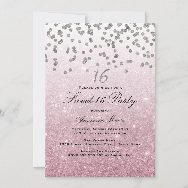 Pink Glitter Confetti Sweet 16 Invitation (Front)