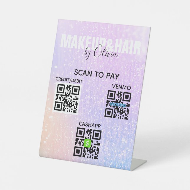 Pink Glitter Contactless QR Code Scan to Pay  Pedestal Sign (Front)