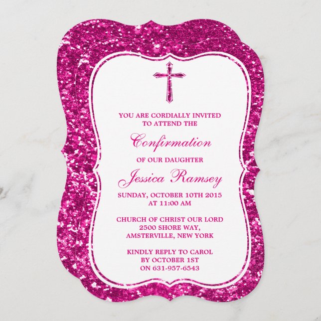 Pink Glitter Cross Holy Communion Or Confirmation Invitation (Front/Back)