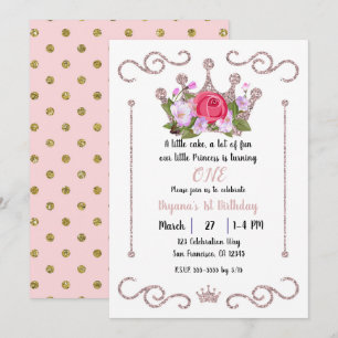 Pink Glitter Crown Floral ONE 1st Birthday Party Invitation
