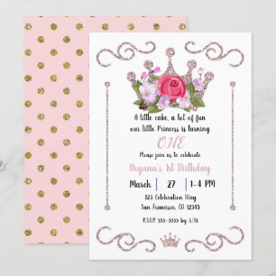 Pink Glitter Crown Floral ONE 1st Birthday Party Invitation