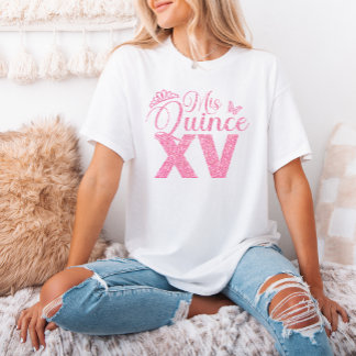 Pink Glitter Crown Mis Quince XV Quinceanera Party T-Shirt