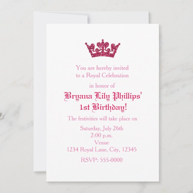 Pink Glitter Crown Princess Birthday Invitation (Front)