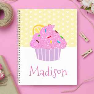 Pink Glitter Cupcake White Hearts on Yellow Name Notebook