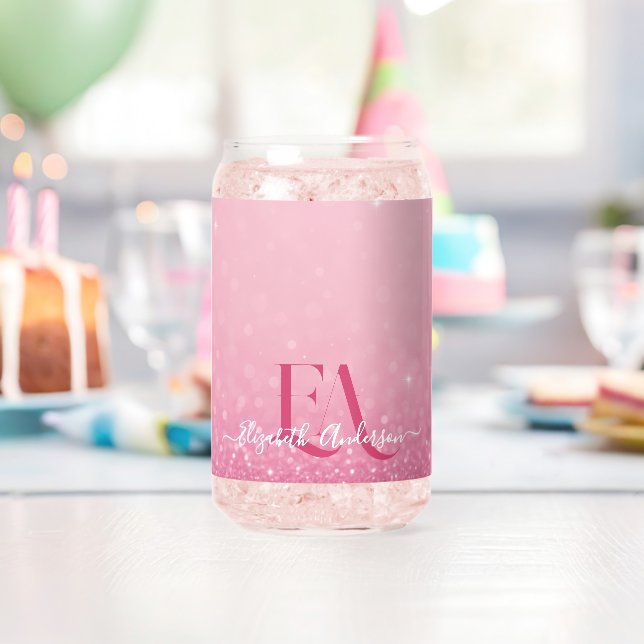 Pink Glitter – Custom Name & Initials Can Glass (Insitu (Birthday))