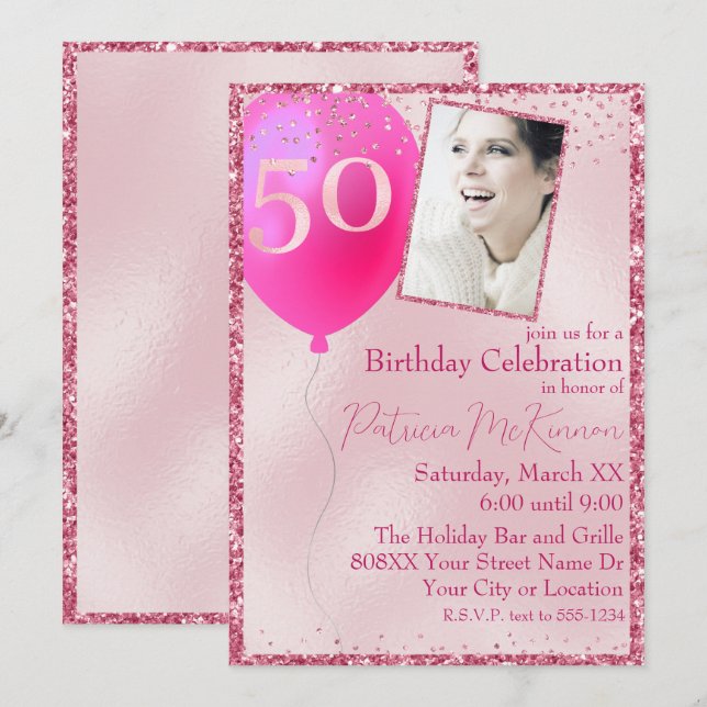 Pink Glitter Custom Photo 50th Birthday Invitation (Front/Back)