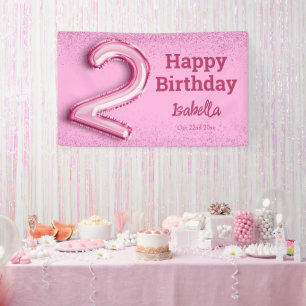 Pink glitter cute balloon no.2 girly 2nd birthday banner