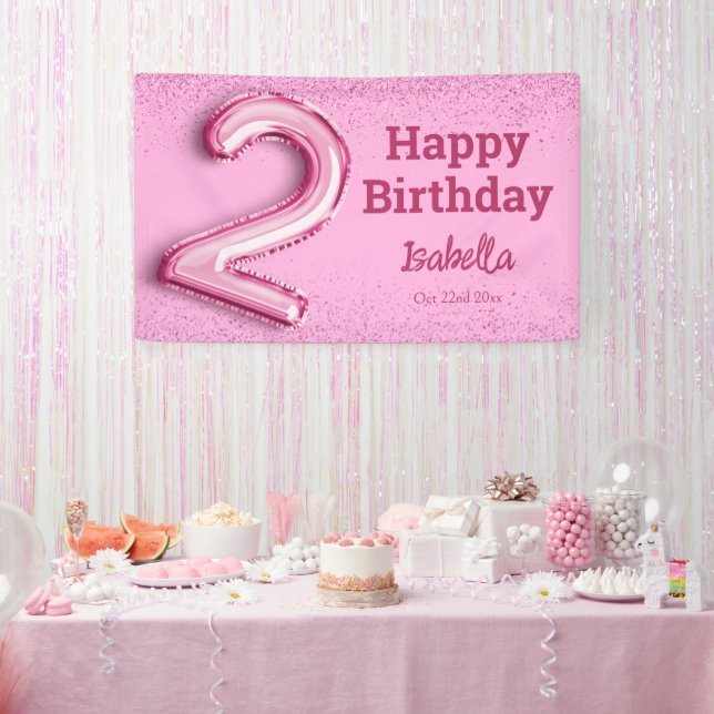 Pink glitter cute balloon no.2 girly 2nd birthday banner (Party)