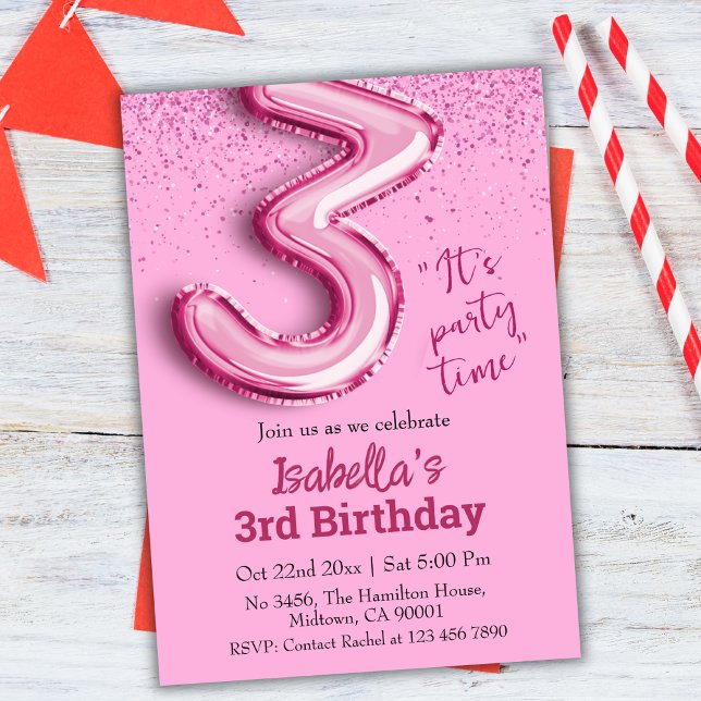 Pink glitter cute balloon no.3 girly 3rd birthday invitation (Creator Uploaded)