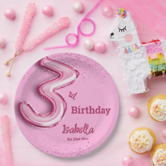 Pink glitter cute balloon no.3 girly 3rd birthday  paper plate