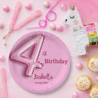 Pink glitter cute balloon no.4 girly 4th birthday  paper plate