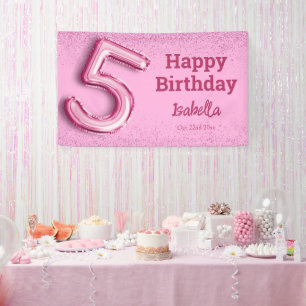 Pink glitter cute balloon no.5 girly 5th birthday banner