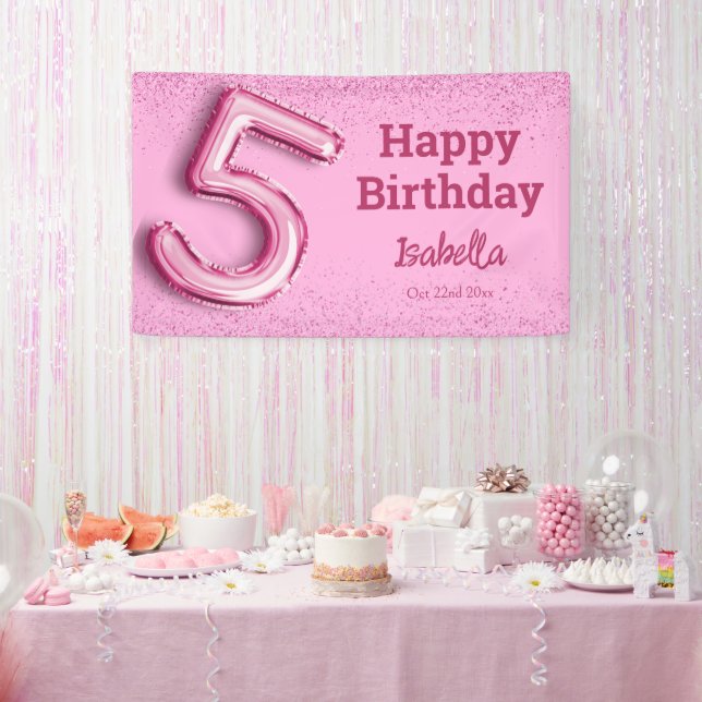 Pink glitter cute balloon no.5 girly 5th birthday  banner (Party)