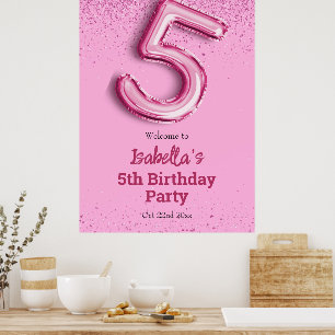Pink glitter cute balloon no.5 girly 5th birthday  poster