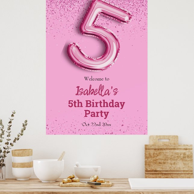 Pink glitter cute balloon no.5 girly 5th birthday  poster (Kitchen)