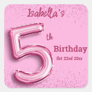 Pink glitter cute balloon no.5 girly 5th birthday square sticker