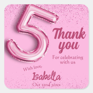 Pink glitter cute balloon no.5 girly 5th birthday  square sticker
