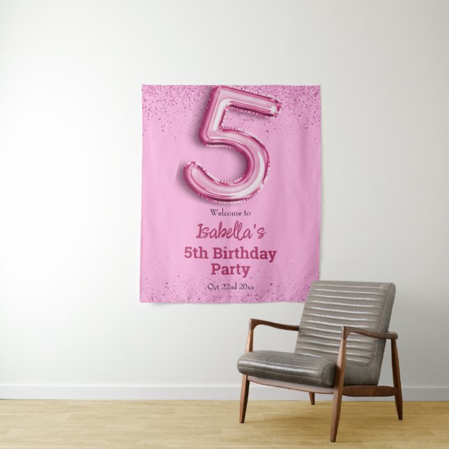 Pink glitter cute balloon no.5 girly 5th birthday  tapestry (In Situ)