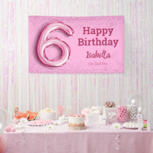 Pink glitter cute balloon no.6 girly 6th birthday banner